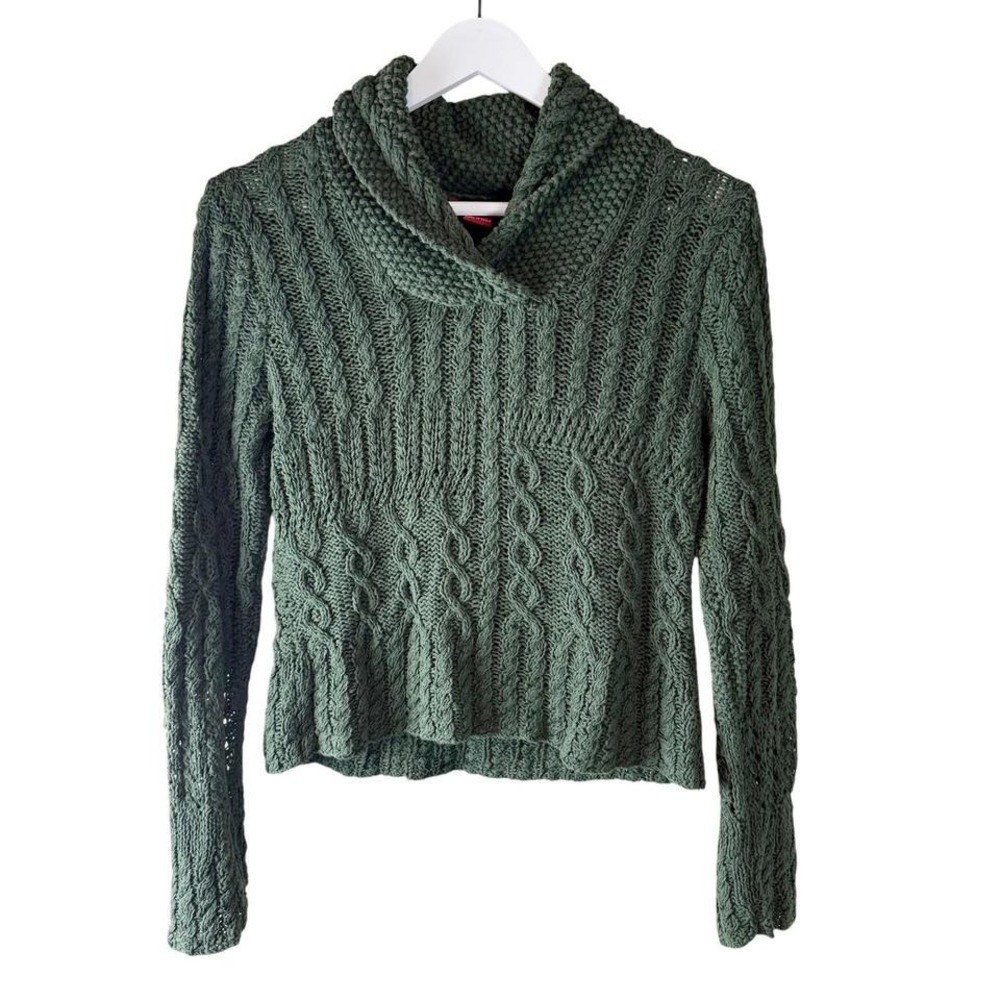 Sundance Moss Green Cable Knit Shawl Collar Cotton Sweater Womens Medium
